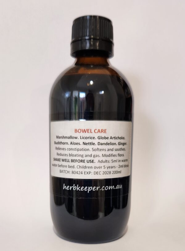 BOWEL CARE HERBAL EXTRACT 200ml Marshmallow. Licorice. Buckthorn. Ginger. Aloe Vera. Globe Artichoke. Nettle. Dandelion.