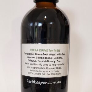 EXTRA DRIVE for MEN 200ml Herbs traditionally used to help revitalise and support a healthy male libido. Tongkat Ali. Horny Goat Weed. Wild Oats. Cayenne. Ginkgo biloba. Damiana. Tribulus. Tienchi Ginseng. Zinc.