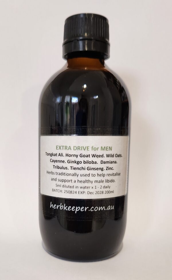 EXTRA DRIVE for MEN 200ml Herbs traditionally used to help revitalise and support a healthy male libido. Tongkat Ali. Horny Goat Weed. Wild Oats. Cayenne. Ginkgo biloba. Damiana. Tribulus. Tienchi Ginseng. Zinc.