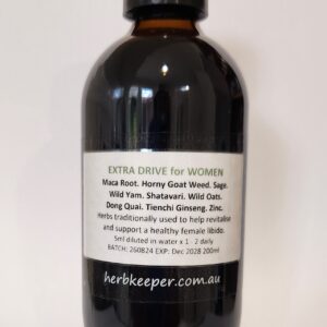 EXTRA DRIVE for WOMEN 200ml Herbs traditionally used to help revitalise and support a healthy female libido. Horny Goat Weed. Maca Root. Sage. Wild Yam. Shatavari. Wild Oats. Dong Quai. Tienchi Ginseng. Zinc.