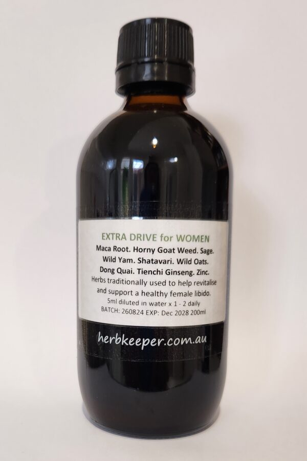 EXTRA DRIVE for WOMEN 200ml Herbs traditionally used to help revitalise and support a healthy female libido. Horny Goat Weed. Maca Root. Sage. Wild Yam. Shatavari. Wild Oats. Dong Quai. Tienchi Ginseng. Zinc.