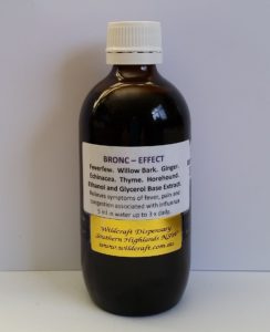 BRONC-EFFECT 200ml Willow Bark. Horehound. Ginger. Echinacea. Feverfew. Thyme. Relieves syptoms of congestion, fever and pain associated with influenza.