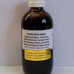 CLEAR SKIN 200ml – Golden Seal. Calendula. Burdock. Sarsparilla. Zinc. Echinacea. Multi Vitamin B. A combination of herbs traditionally used as blood cleansers having an antibacterial and astringent action. This mixture helps to reduce inflammation, moderate sebum production, promote quick healing of spots, sores, pimples and other skin problems.