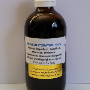 NERVE RESTORATIVE 200ml Scullcap. Hops Bush. Passiflora. Withania. Mistletoe. Blue Vervain. Homeopathic Ignatia. Ethanol and/or Glycerol base herbal extracts for maximum strength and rapid absorption.